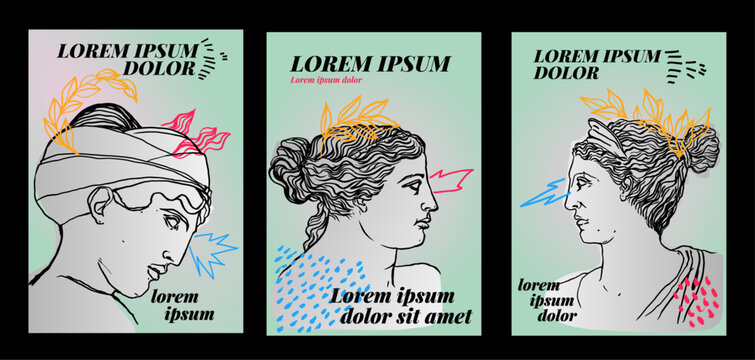 Recurso de dise&ntilde;o de carteles con ilustraciones de estatuas griegas femeninas, ilustraci&oacute;n gestual realizada con pincel. Estaturas griegas con corona. Recurso para carteleria, banner, flyer, pegatina