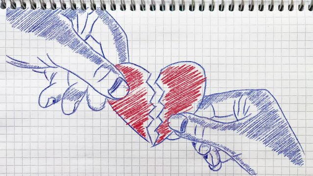 Male and female hands with broken heart. Conflict between women and men. Concept of Love, Life, Reunion, Conciliation, Mercy, Health. Valentine's day. World heart day. Illustration on a notebook page.
