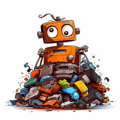 Cartoon illustration, junkyard electronic waste , cute robot unhappy bad moody Generative Ai