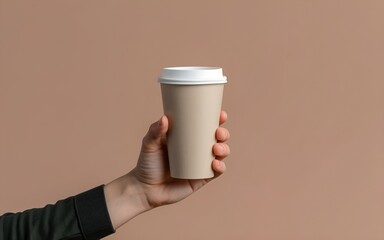 A person holding a paper cup, in a light gray and light beige style