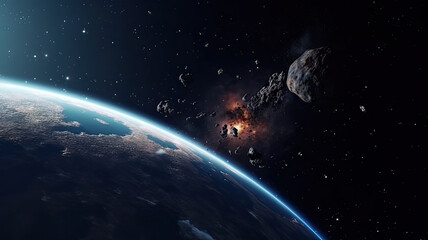 Space planet earth surface shot with meteorites and an explosion in the background. Universe science astronomy space dark background wallpaper