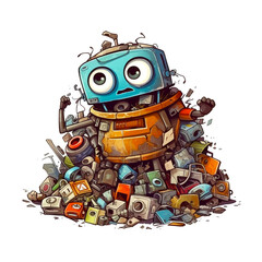 Cartoon illustration, junkyard electronic waste , cute robot unhappy bad moody Generative Ai