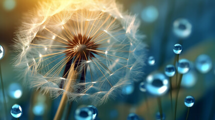 Beautiful dew drops on a dandelion seed macro. Beautiful blue background. Large golden dew drops on a parachute dandelion. Soft dreamy tender artistic image form, --aspect 16:9