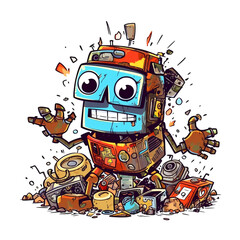 Cartoon illustration, junkyard electronic waste , cute robot unhappy bad moody Generative Ai
