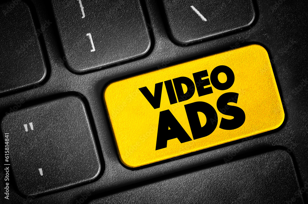Poster video ads text button on keyboard, concept background
