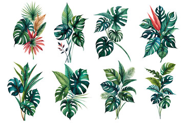 Watercolor tropical leaves and flowers bouquet. Generative Ai