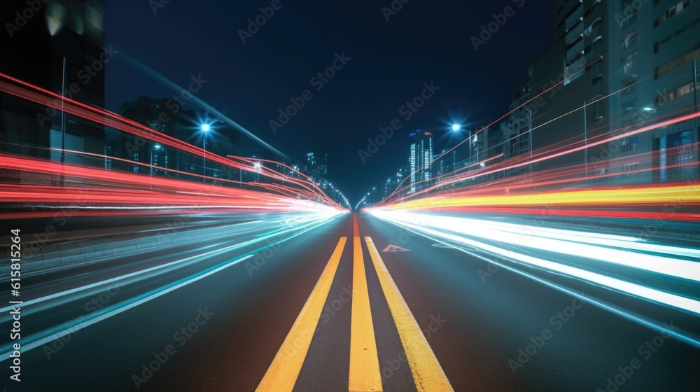 Poster blurred traffic light trails on road in symmetry. generative ai aig21.