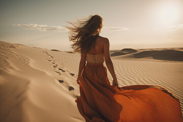Fototapeta na wymiar a woman in an orange dress walking through the sand dunes with her long hair blowing in the wind at sunset