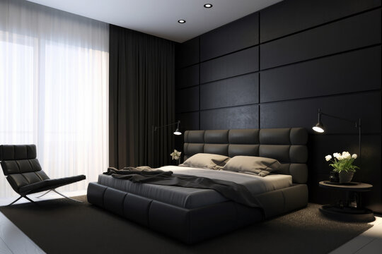 Designer modern black bedroom Generative AI
