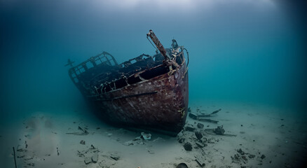 amazing rusty sunken ship under the sea in the depths