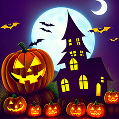 Halloween pumpkins and bat in the dark forest at night. Halloween scene. Cartoons 