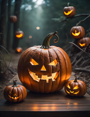 Fototapeta premium Halloween pumpkins in the dark forest at night. Halloween scene 