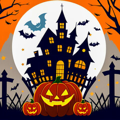 Halloween pumpkins in the dark forest at night. Halloween scene. Cartoons 