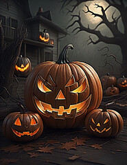 Halloween pumpkins in the dark forest at night. Halloween scene 