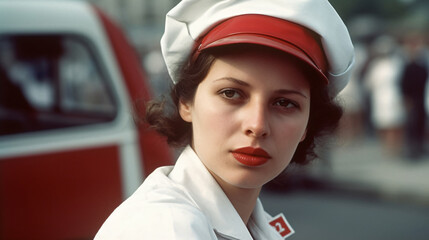 Red Cross nurse in the 1980s, made with generative AI