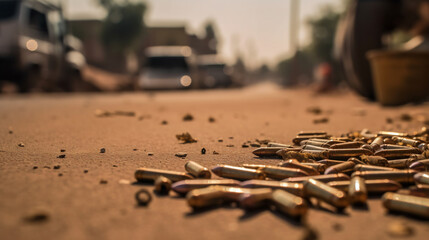 Bullet casings on the asphalt of an African city, made with generative AI