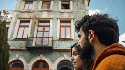 Young couple close-up in front of a building in Istanbul
