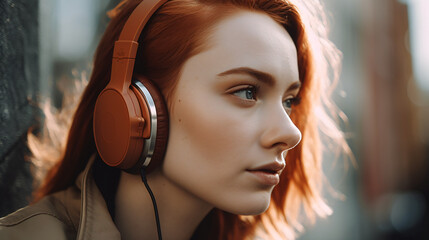 Young woman listening to music with headphones outside on a sunny day