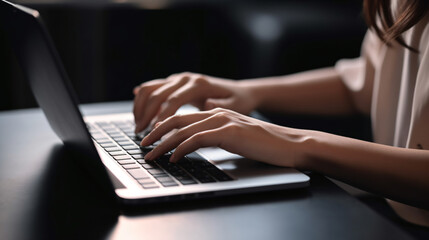 Hands of a young woman typing on a laptop keyboard, made with generative AI
