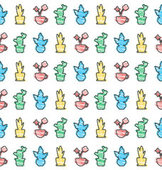 Houseplant silhouette seamless pattern. Doodle outline black contour, colorful brush stroke, cute childish scribbled drawing cartoon style. White background. Vector illustration