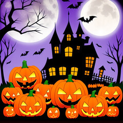 Fototapeta premium Halloween pumpkins in the dark forest at night