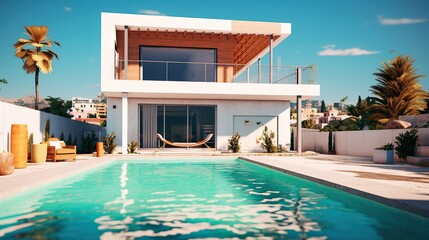 modern luxury villa, real estate, house with  pool, generated AI