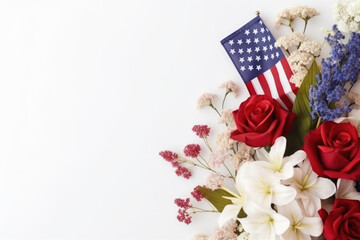 Fototapeta na wymiar 4th of July American Independence Day. Happy Independence Day. Red, blue and white star confetti, paper decorations on white background. Flat lay,