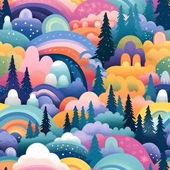 Schilderijen op glas Abstract seamless pattern with rainbow colored forest. Trees and hills. Background for various surface. Perfect for print, textile, fabric, kids wallpaper. © ckybe
