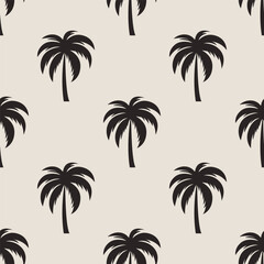 Fototapeta na wymiar Vector Seamless Pattern with Palm Trees, Palm Tree Design Template, Print. Palm Silhouettes. Tropical, Vacation, Beach, Summer Concept. Vector Illustration. Front View
