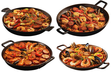 Paella prepared in a large flat paella pan, side view, on a transparent background, Generative AI