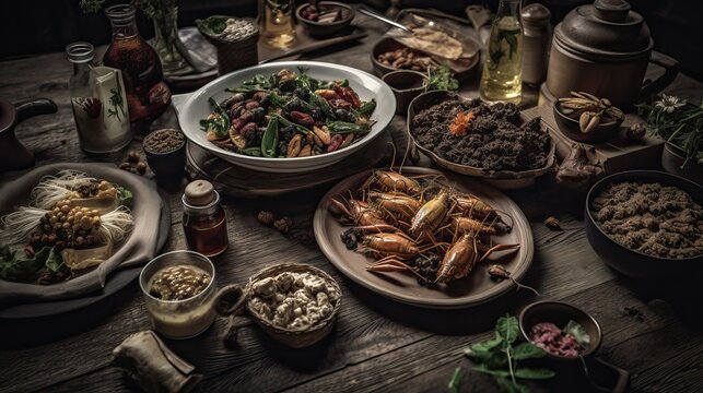 Secondi piatti, Insetti cucinati, Cimici, Vermi, Scarafaggi, Cibo, tavolata, assortimento. Tavola dai mille sapori con insetti essiccati e rosolati in scodelle. Spezie aceto e olio. Generative AI
