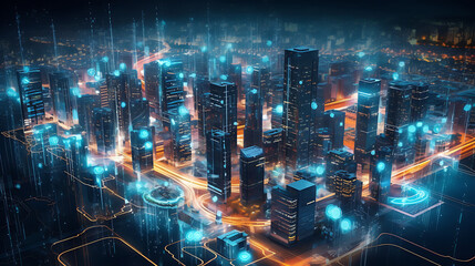 Plakat Futuristic city at night with neon lights, 3d rendering AI Generative