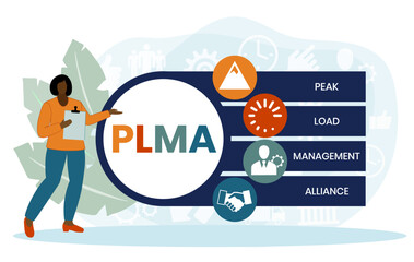 PLMA, Peak Load Management Allians acronym. Concept with keyword, people and icons. Flat vector illustration. Isolated on white.