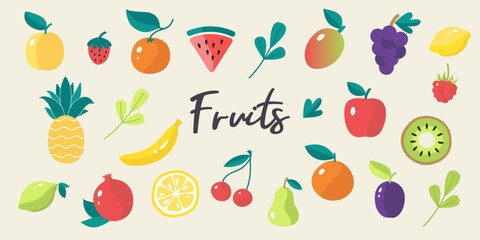 Set of fruits in vector, flat style.