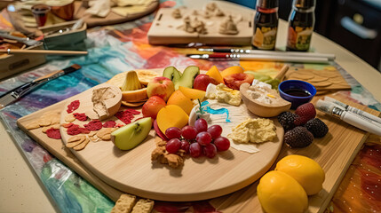 Fototapeta premium fruit and cheese on a wooden cutting board with knifes, forks and uts next to the cutting board