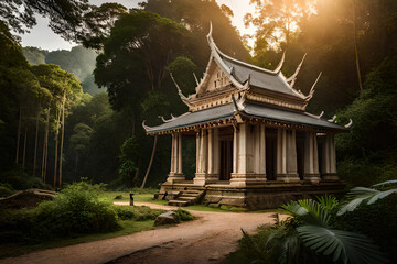 Ancient Ta Promh temple in the jungle, background AI generated illustration.