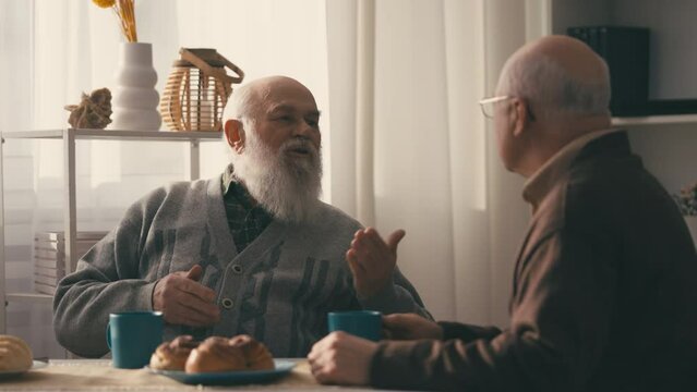 Senior bearded man talking with best friend while drinking tea, communication