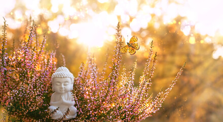Buddha statue, butterfly and heather flowers close up, abstract blurred sunny natural background....