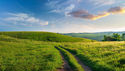 Fototapeta premium Picturesque winding path through a green grass field in hilly area in morning at dawn against blue sky with clouds. Natural panoramic spring summer landscape.