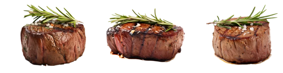  three delicious beef steaks with rosemary and meat juice, bbq, grilling, isolated  (Generative AI) © Teppi