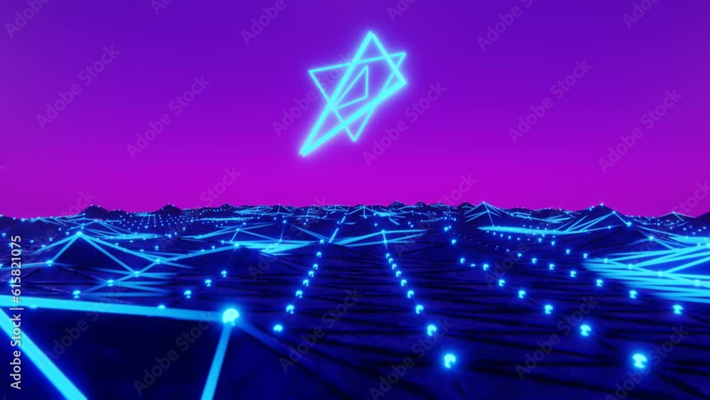 Poster abstract 80s 3d background. synthwave videogame wallpaper with neon blue triangles and glowing plexu