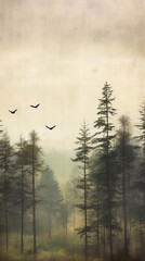 Birds flying across trees on misty mountains