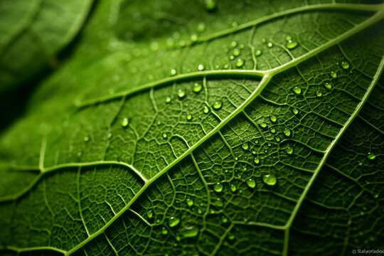 green leaf with water drops - water droplets closeup on leaf - drops pf water - green leaf veins - close up photography of a leaf - macro photography of water droplets on leaf