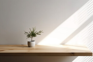 minimal home design. white vase with olive tree branches. Living room still life. Empty wall copy space. Modern interior, no people. Home office. wooden table. sun light, shadow 