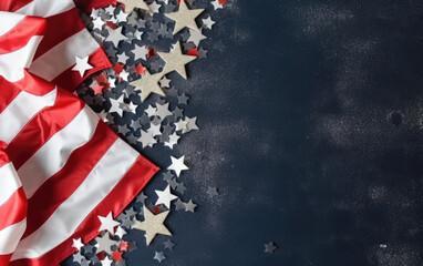 Fototapeta na wymiar 4th of July American Independence Day. Happy Independence Day. Red, blue and white star confetti, paper decorations on white background. Flat lay, 