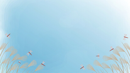 ススキと赤とんぼがモチーフの秋晴れ空の水彩風背景イラストフレーム © Kei A