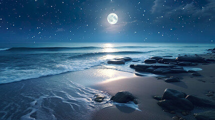 満天の星空と月夜の海の風景　Generative AI