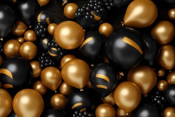 Golden and black balloons with confetti bokeh particles Celebration with balloons background, generative ai