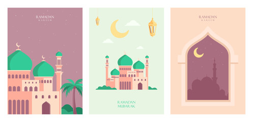 Ramadan Kareem, Eid Mubarak, Islamic holiday vector illustrations, Arabic architecture, mosque, pattern and background for a poster, congratulation card
