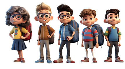 AI-Generated 3D Cartoon Character Group - Cute Students, Transparent Background - Generative AI